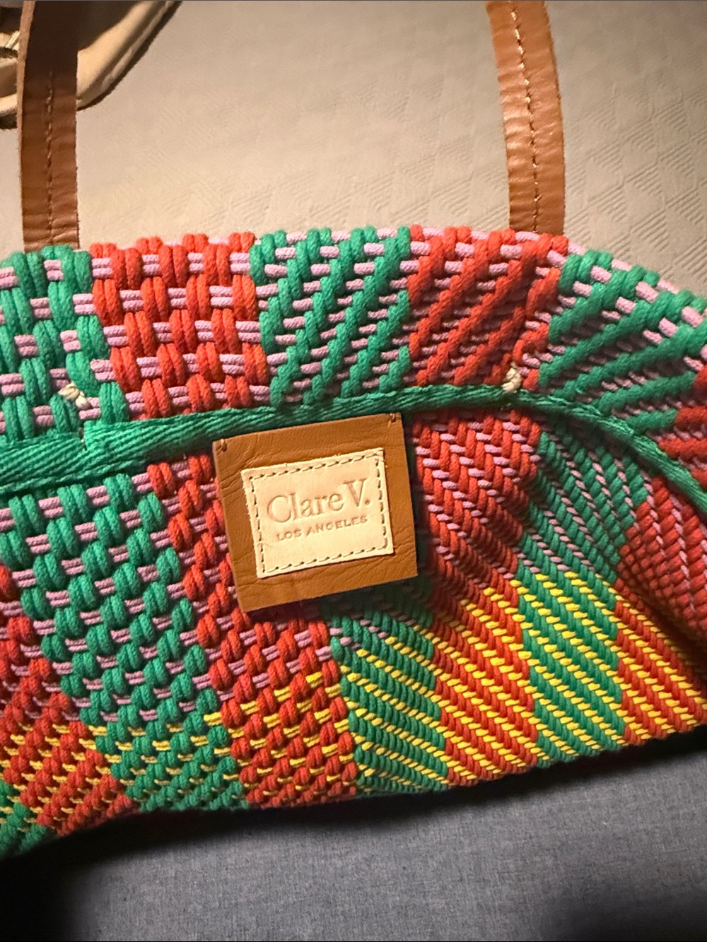 Clare V Multicolor Woven Tote with Tan Leather Handles - Picture 2 of 4